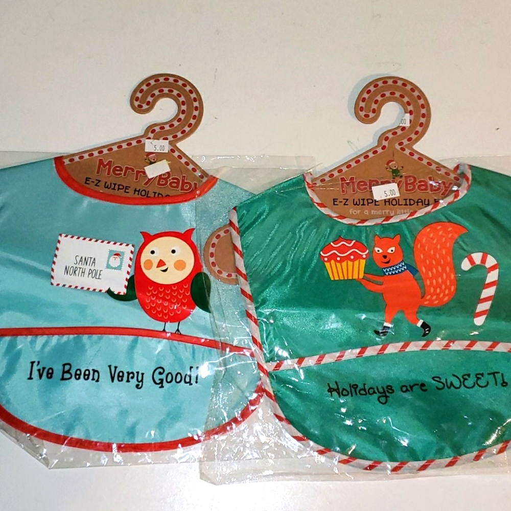 NEW Set of 2 holiday bibs, blue owl & green squirl